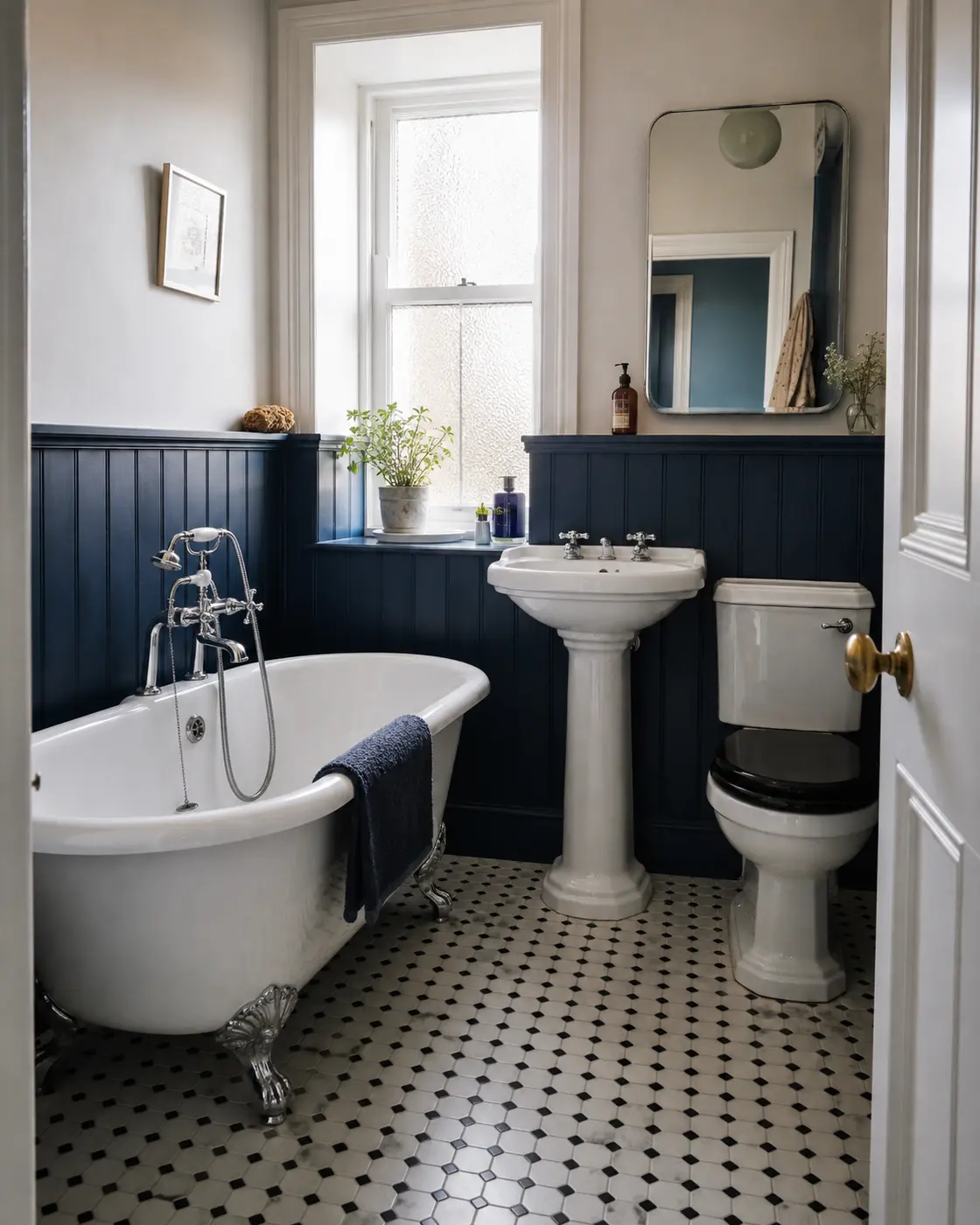 Blue and white bathroom with classic bath and pedestal basin