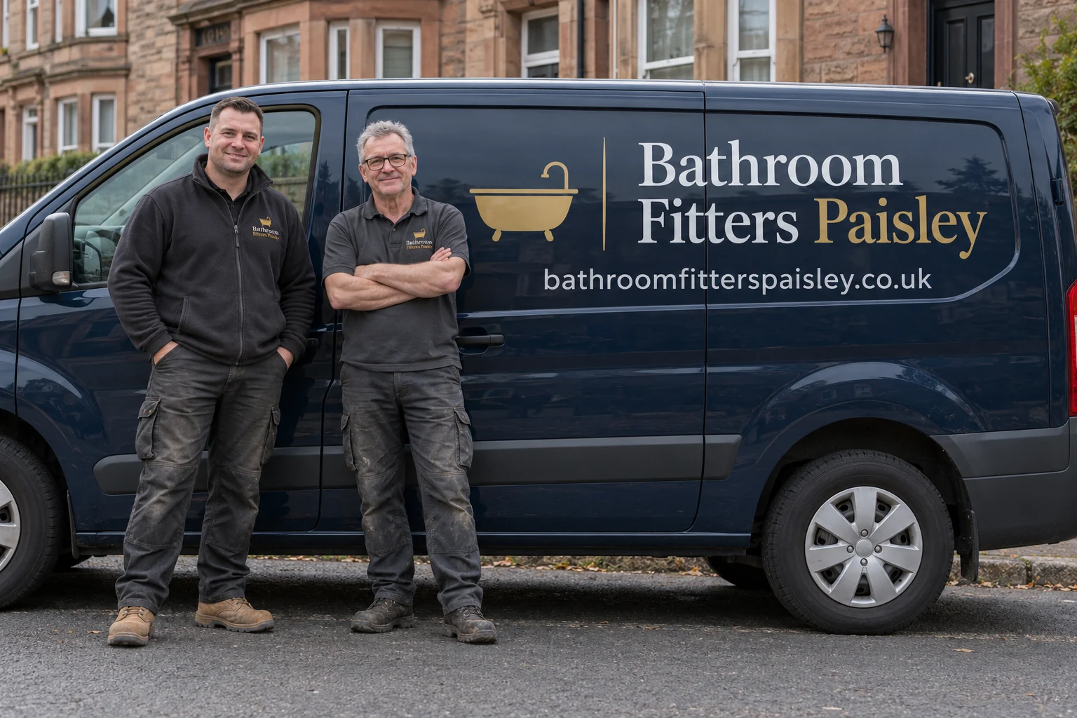 Two men in workwear beside a professionally signwritten Bathroom Fitters Paisley van