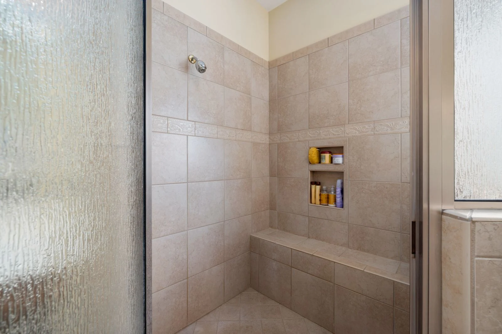 Recessed shower shelf and shower fittings