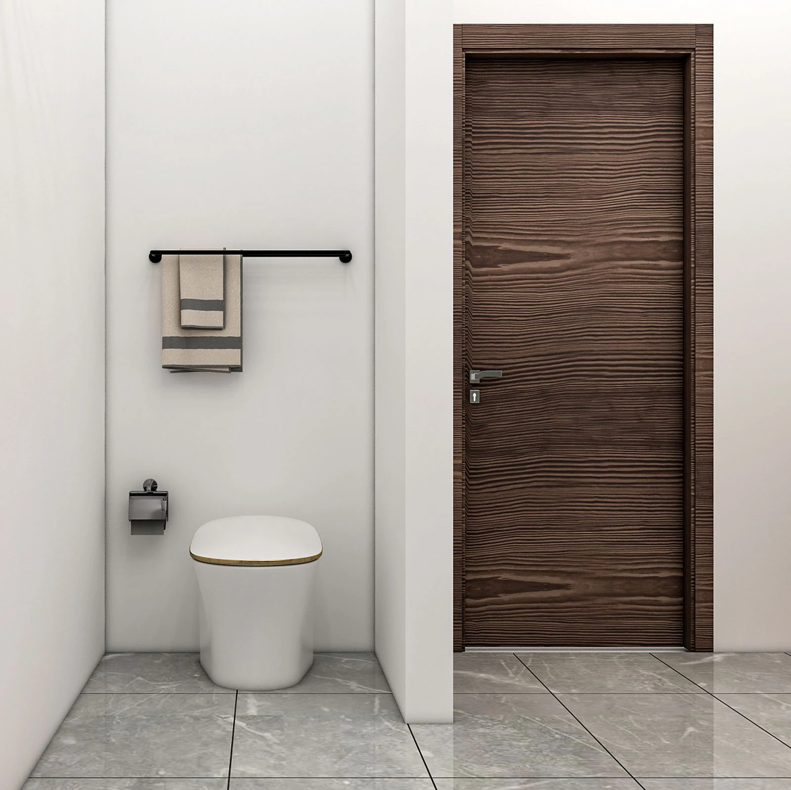 A sleek minimalist bathroom featuring a toilet, white walls, and a wooden door