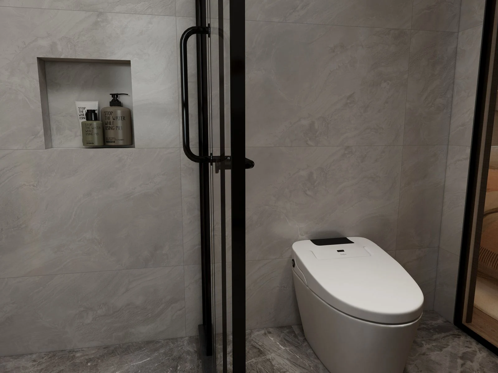 Contemporary bathroom featuring a smart toilet and sleek shower door