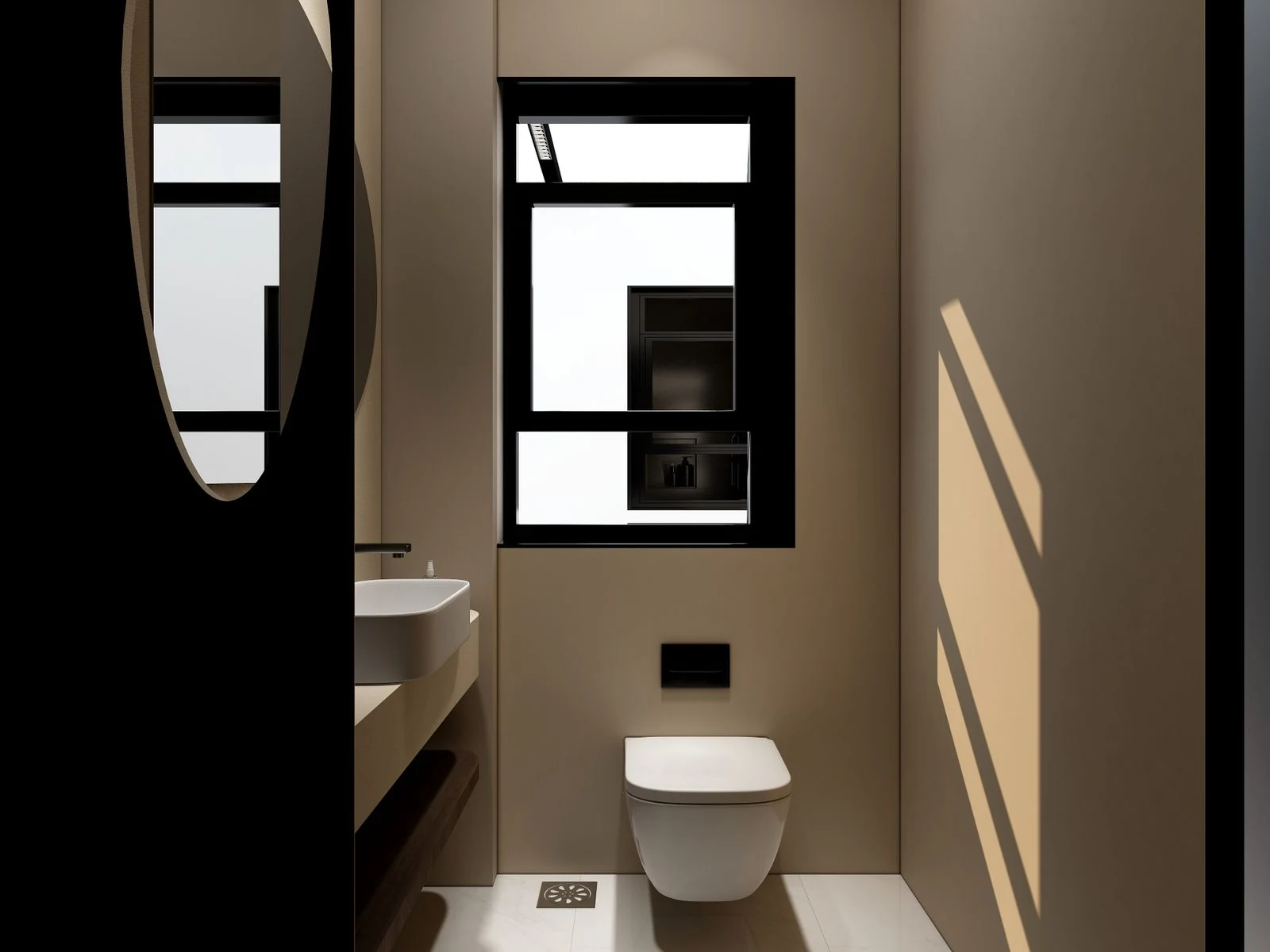 Stylish minimalist bathroom interior featuring toilet, sink, and window